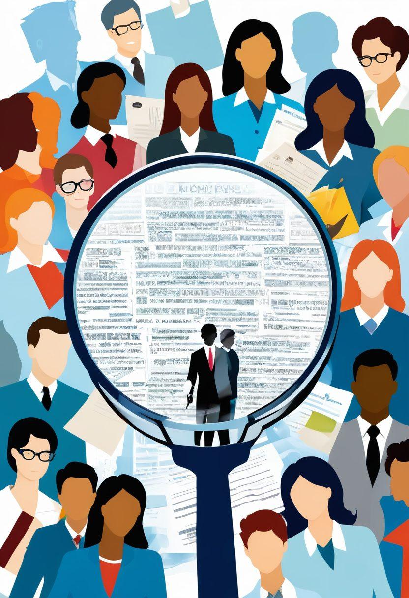An artistic depiction of a magnifying glass hovering over a diverse group of job applicants, showcasing their backgrounds through illustrated snapshots of education, work history, and personal achievements. Vibrant colors highlight the importance of thorough background checks. A professional office setting in the background symbolizes hiring success. vector art. vibrant colors. white background.