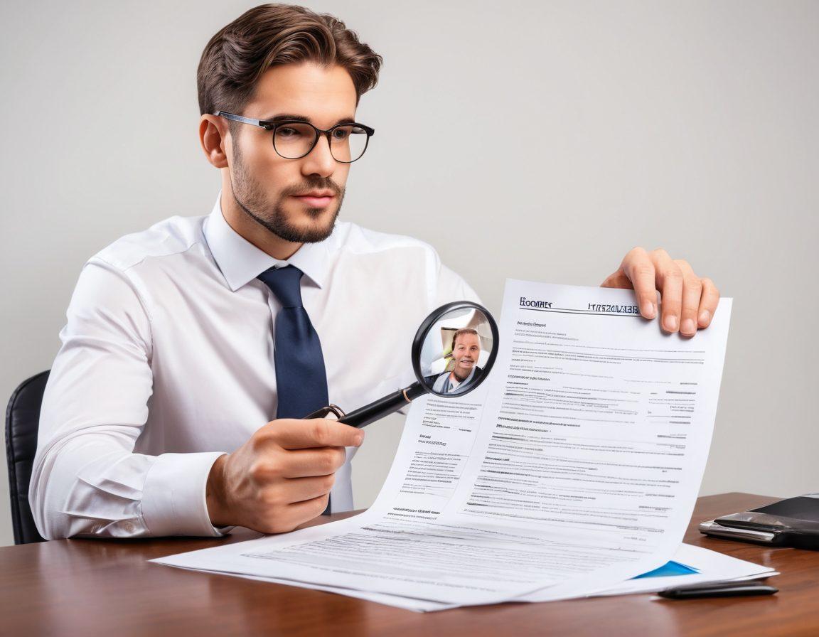 A thoughtful recruiter reviewing a glowing resume with a magnifying glass, surrounded by diverse candidates' profiles and background check documents, emphasizing trust and integrity in the hiring process. Soft natural light illuminates the scene, creating an atmosphere of professionalism and diligence. super-realistic. vibrant colors. white background.